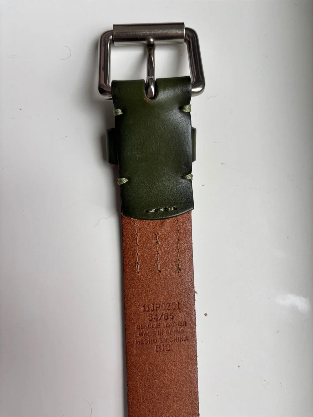 Men's Dark Green Leather Belt - Classic Double-Prong Design